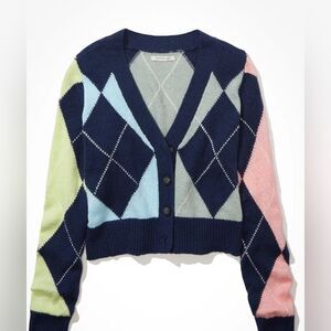 American Eagle AE Cropped Argyle Button Up Cardigan Academia Preppy Studious S